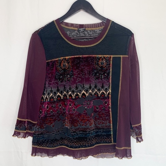 TRIBAL Velvet Mesh Long Sleeve Top - Picture 7 of 9